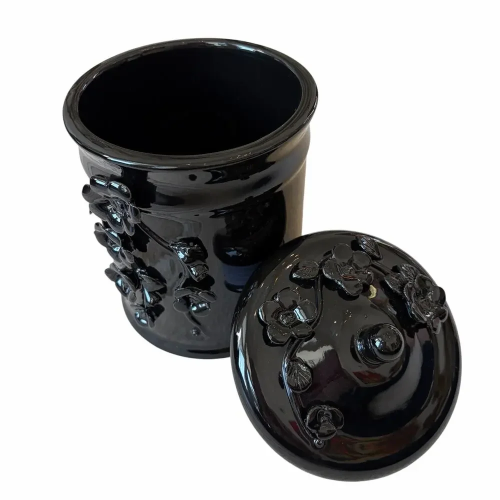 Potters Studio Black 3D Floral Canister w/ Lid 8.5in Halloween Cookie Jar NEW